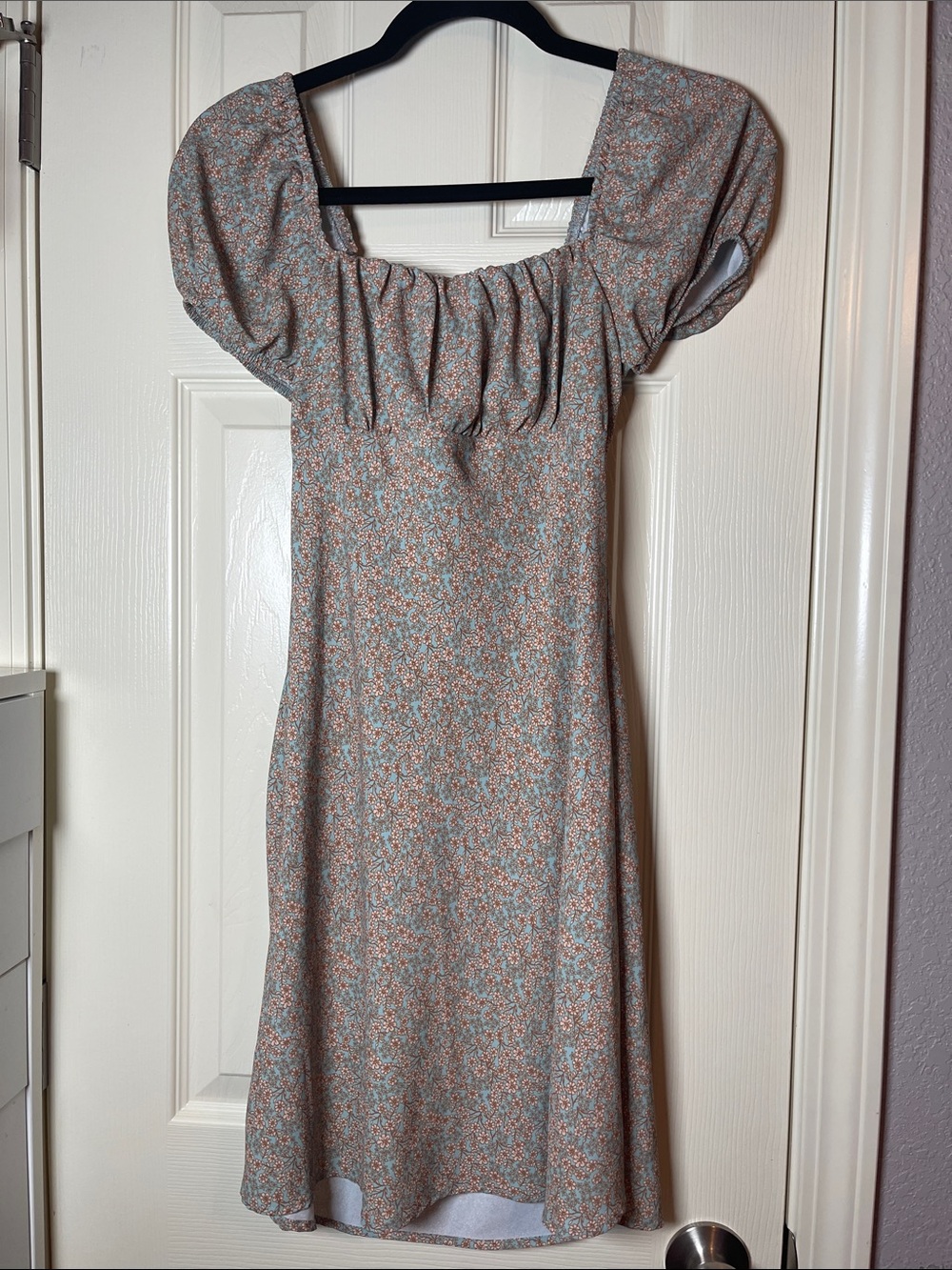 Altar'd State Light Blue and Peach Floral Square-Neck Midi Dress